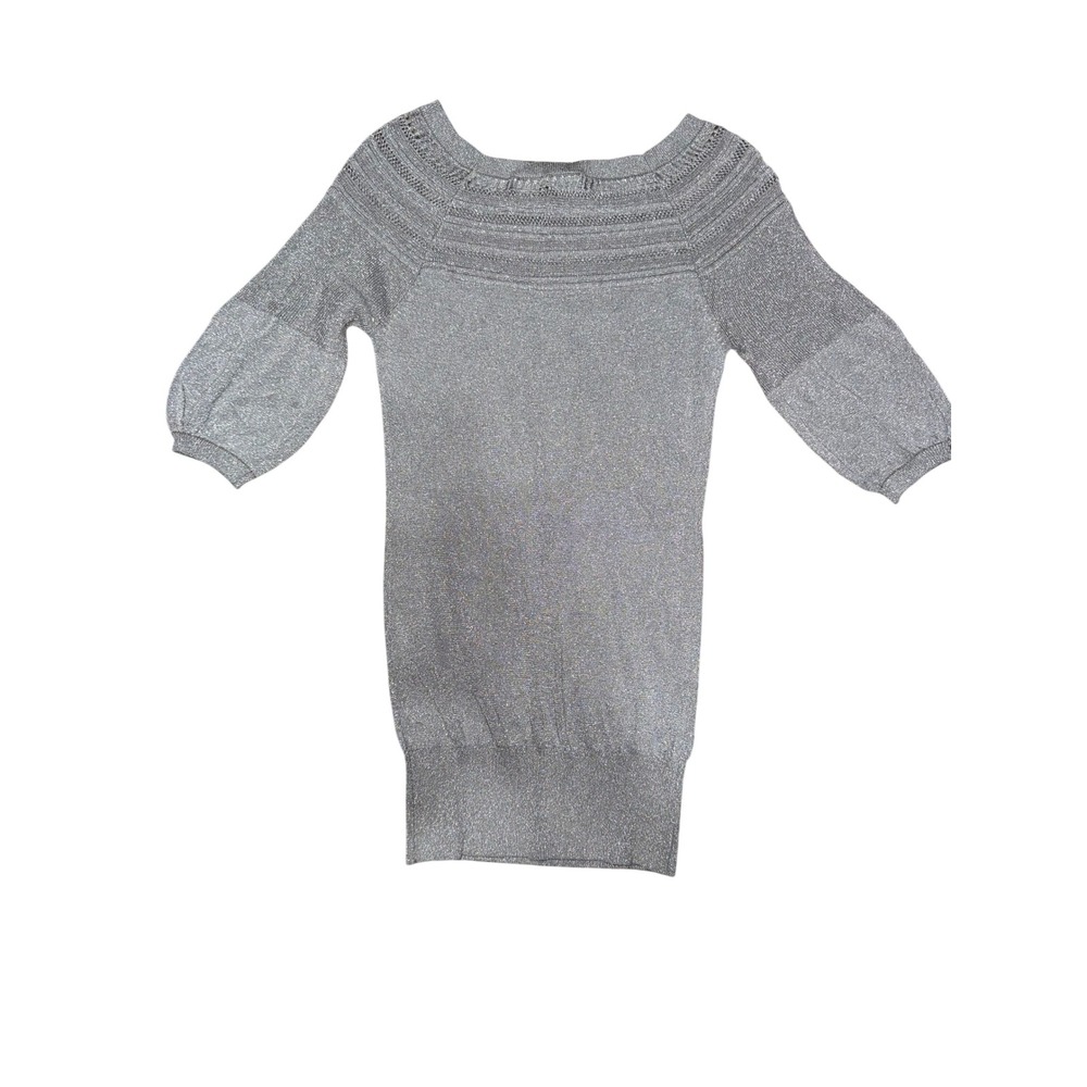 Daytrip Womens Silver Lurex Knit Boat Neck 3/4 Sleeve Sweater Top Size S - Picture 2 of 5